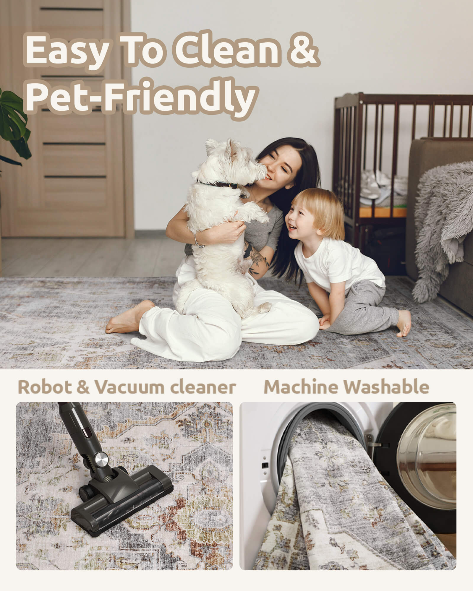 This vintage area rug is designed for easy cleaning and everyday family use with a machine washable surface that works well for pets, kids, and busy homes.