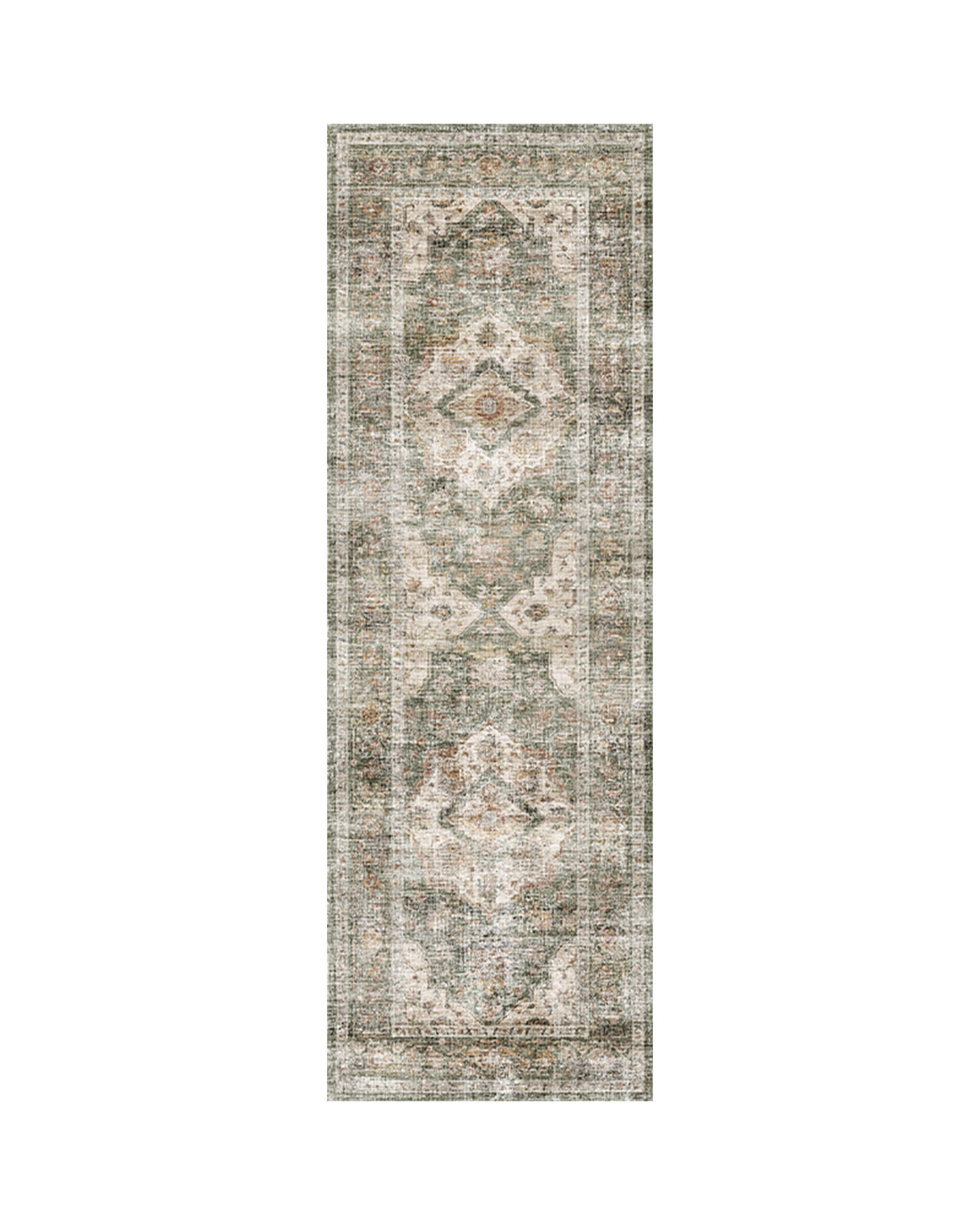Green vintage runenr rug for busy home, machine washable material, soft and durable.