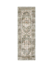Green vintage runenr rug for busy home, machine washable material, soft and durable.