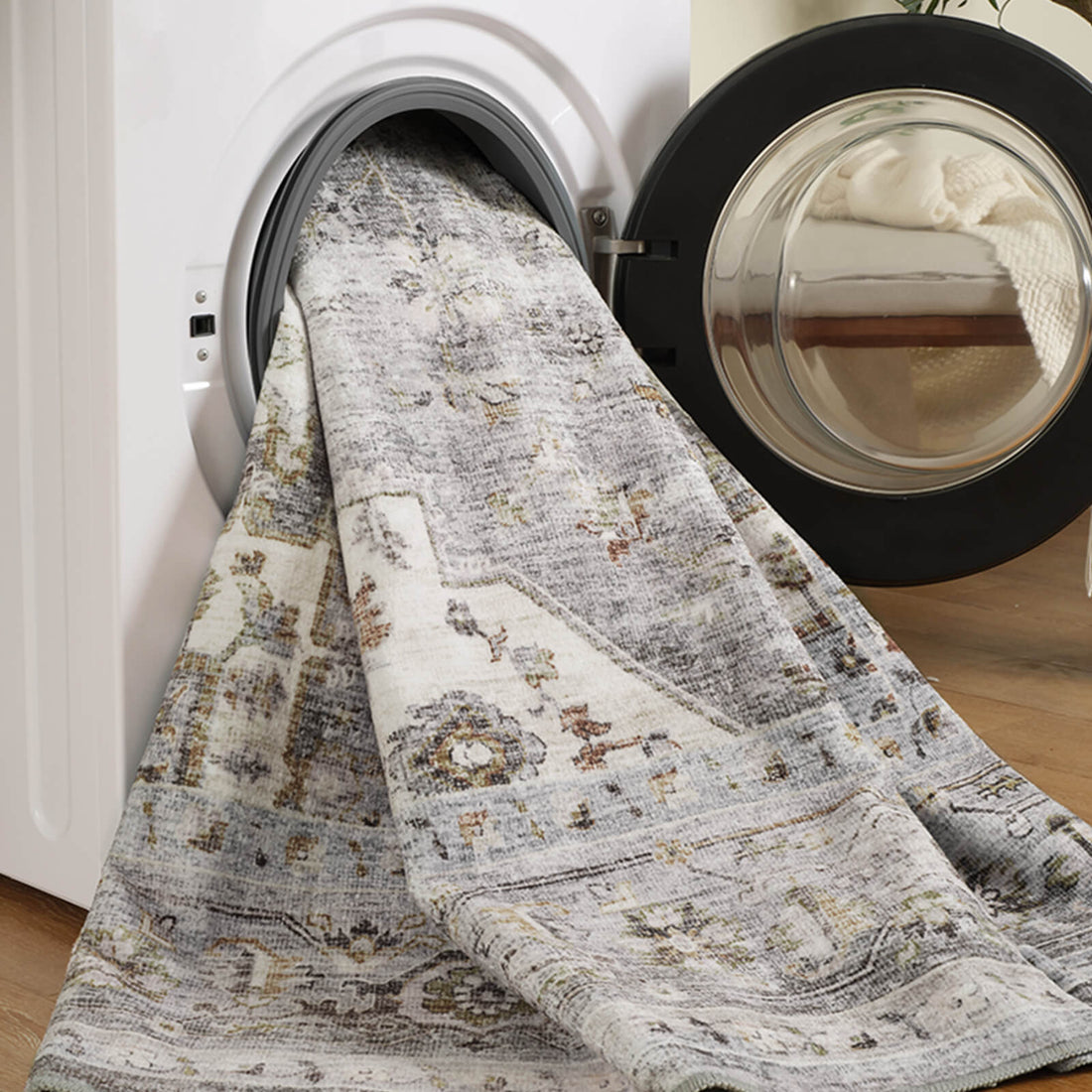 This vintage area rug features a machine washable easy-care design that makes everyday cleaning simple and practical for busy family homes.