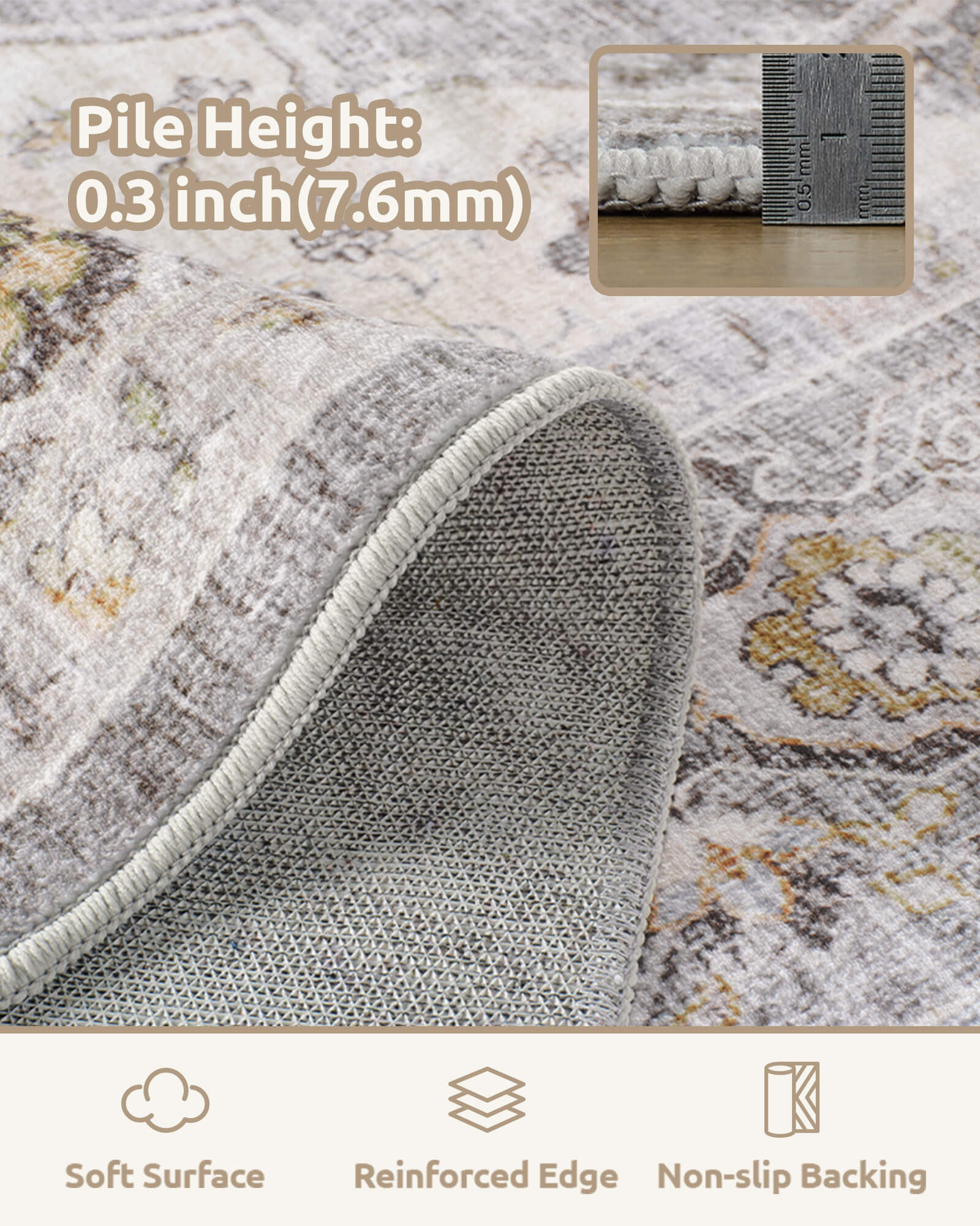 This vintage area rug detail shows a soft surface, reinforced edge, non slip backing, and a comfortable low pile design for easy everyday home use.