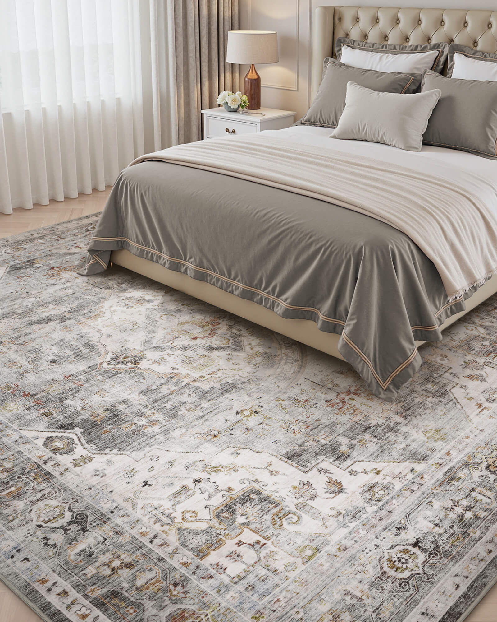 This vintage area rug adds a soft and welcoming layer to the bedroom with a washable easy-care surface that suits everyday family living.