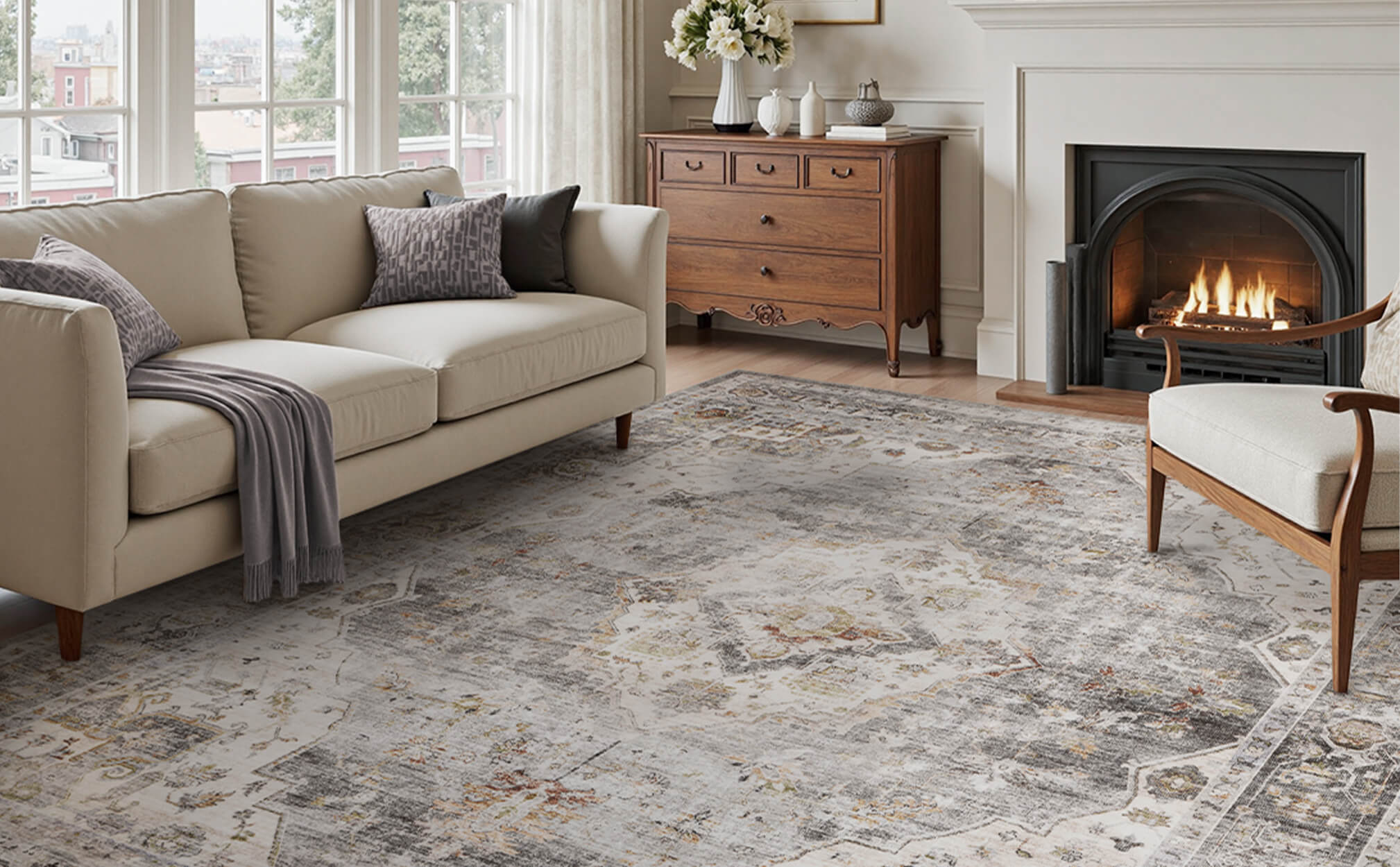 This vintage area rug brings a soft and welcoming feel to the living room with a washable easy-care surface that suits everyday family use.