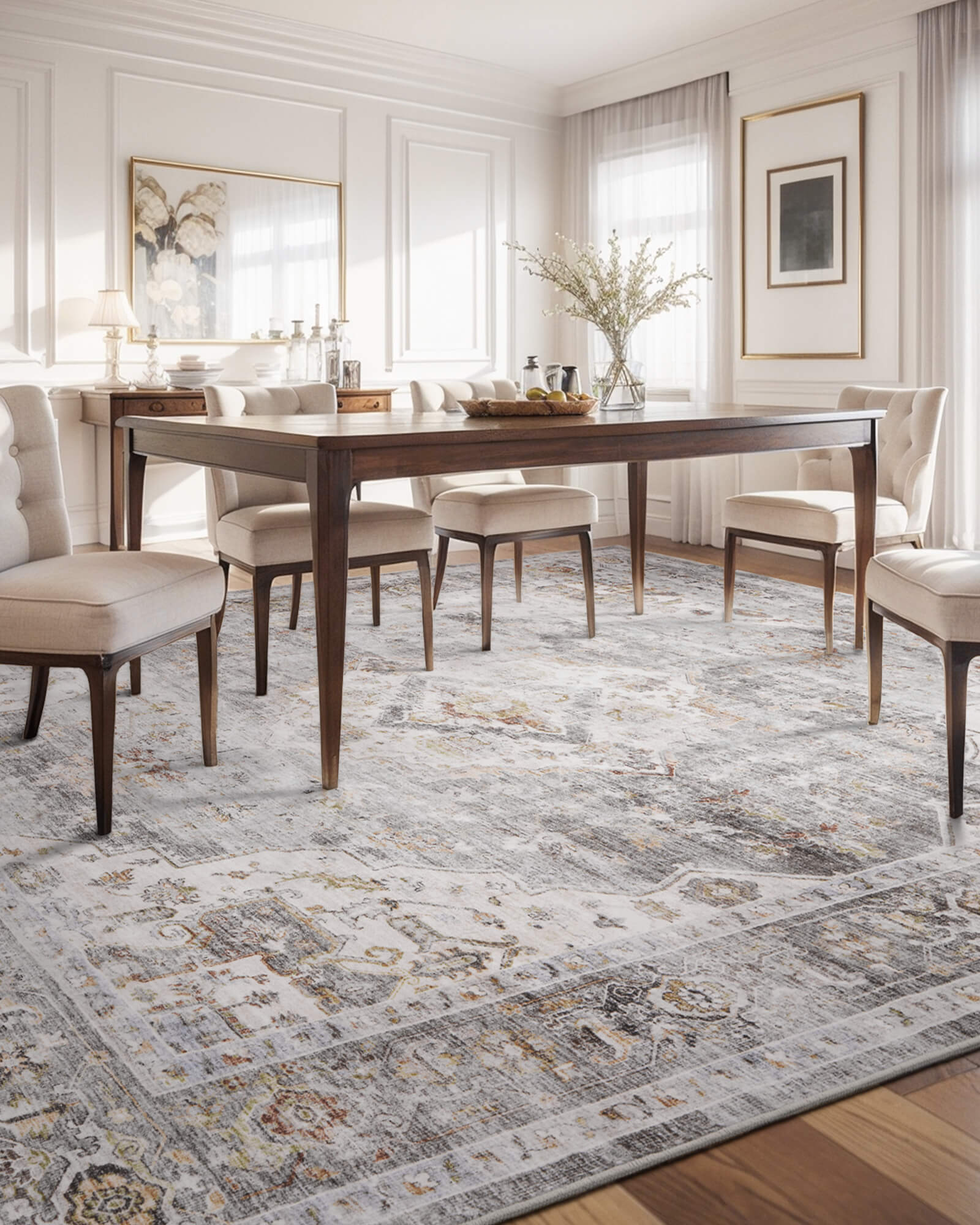 This vintage area rug adds a soft and elegant foundation to the dining room with a washable easy-care surface that works beautifully for everyday family living.