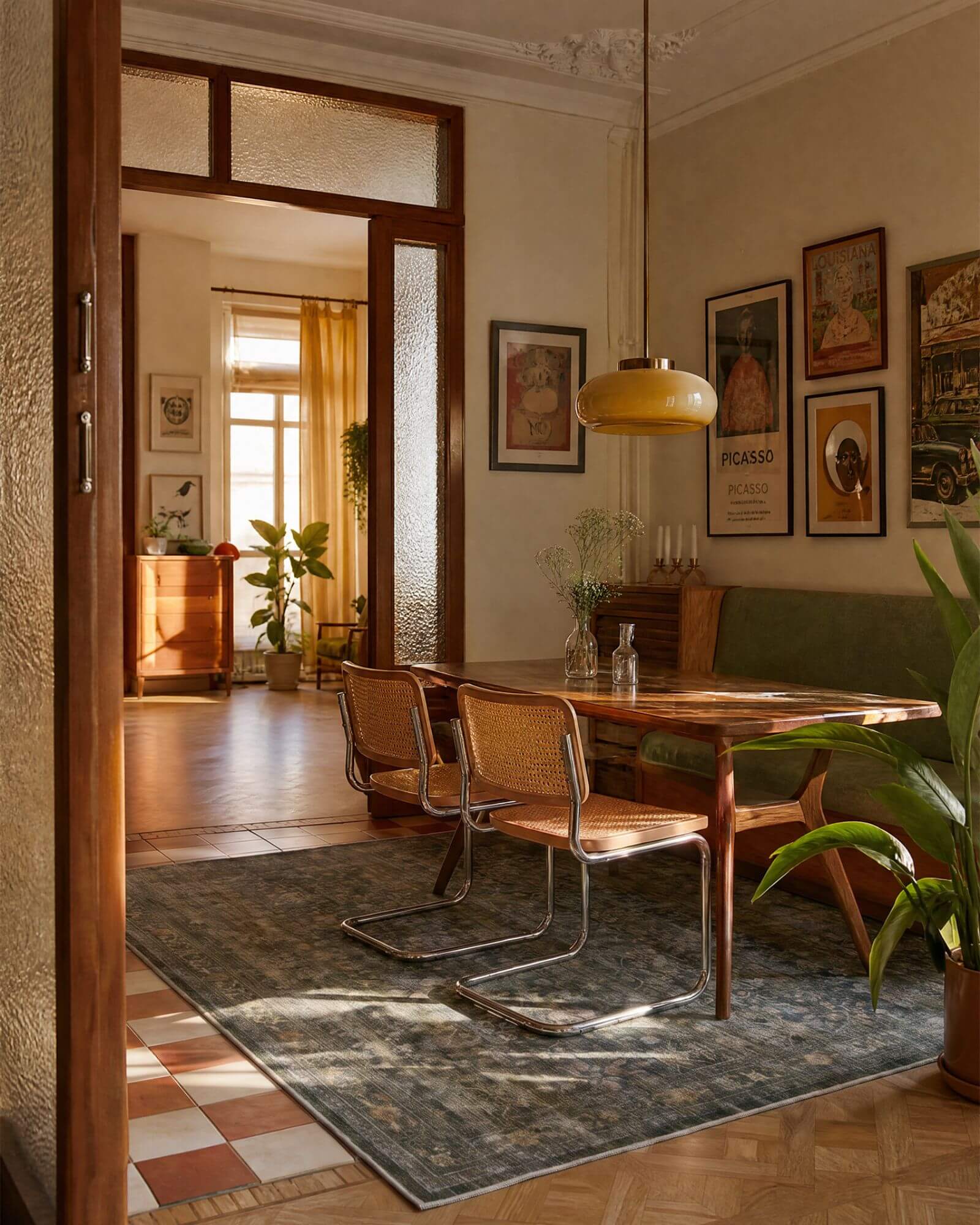 This vintage area rug adds a soft and grounded foundation to the dining room with a washable easy-care design that suits warm everyday home use.