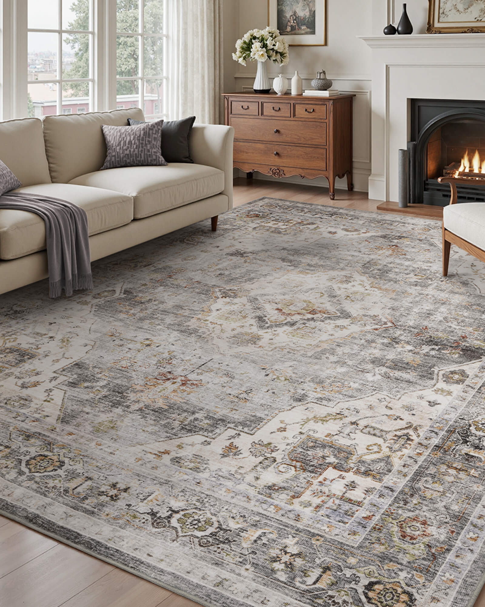 This vintage area rug adds a soft and welcoming foundation to the living room with a washable easy-care surface that works beautifully for everyday family use.