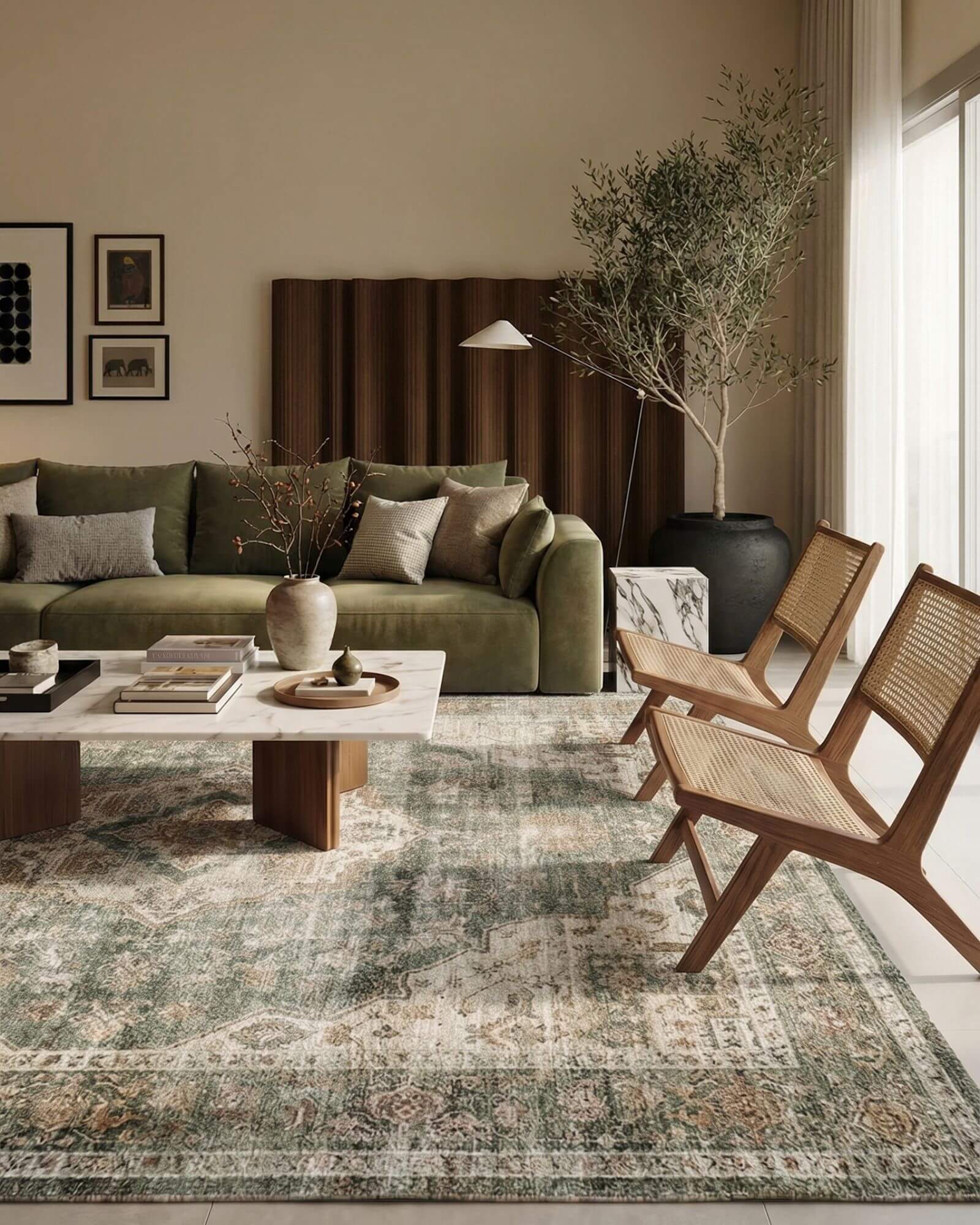 This vintage area rug adds a soft and grounded foundation to the living room with a washable easy-care design that suits calm everyday home use.