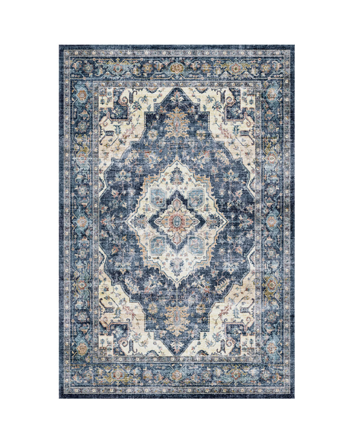 Vintage area rug with washable surface and non slip backing designed for comfortable and stylish home decor