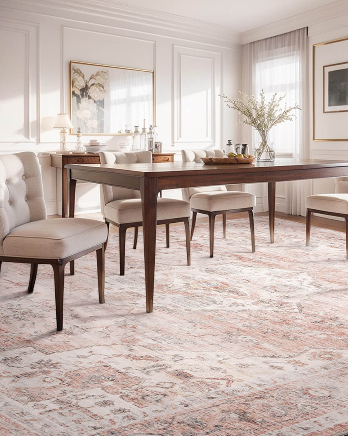 Vintage area rug with washable surface and soft texture for home decor