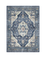 Antique-inspired rug offering bedroom comfort and timeless aesthetic.