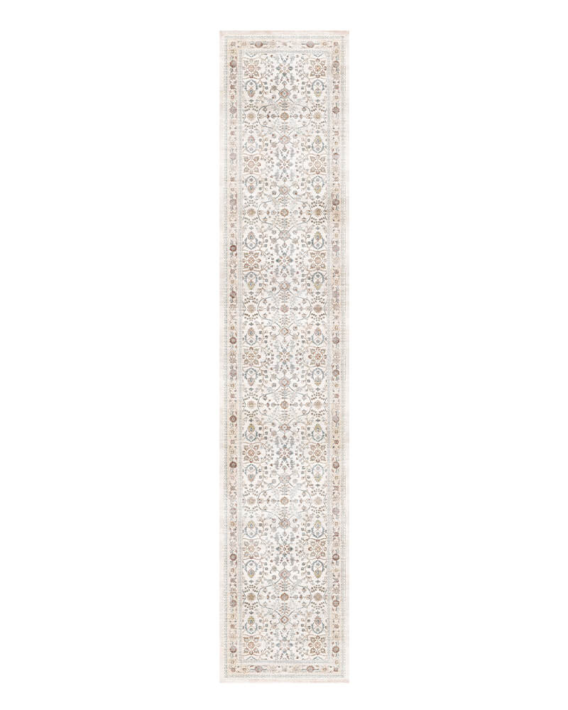 Durable beige soft runner rug, washable and ideal for long hallways.