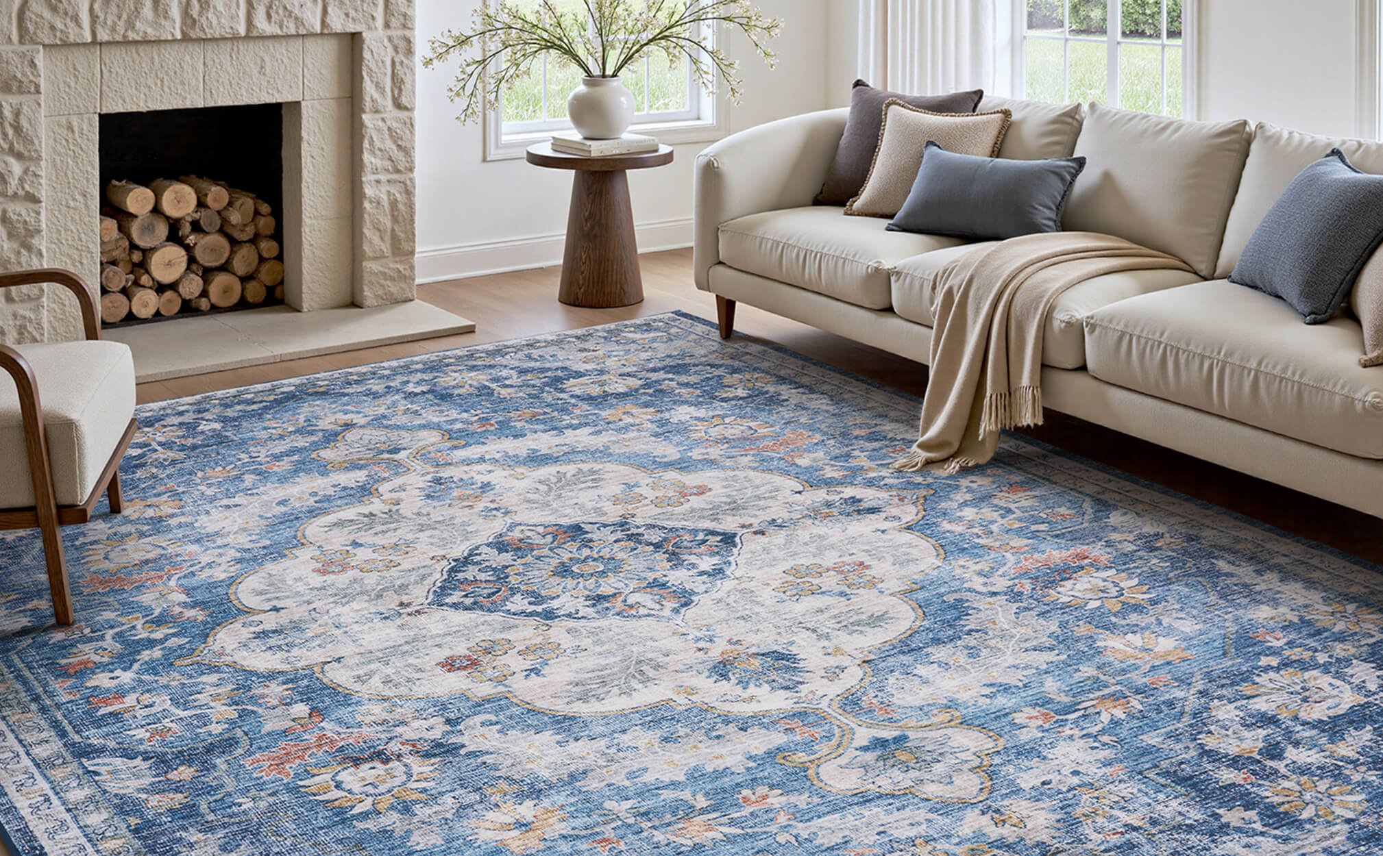Washable bohemian vintage area rug combining aesthetic detail with easy upkeep