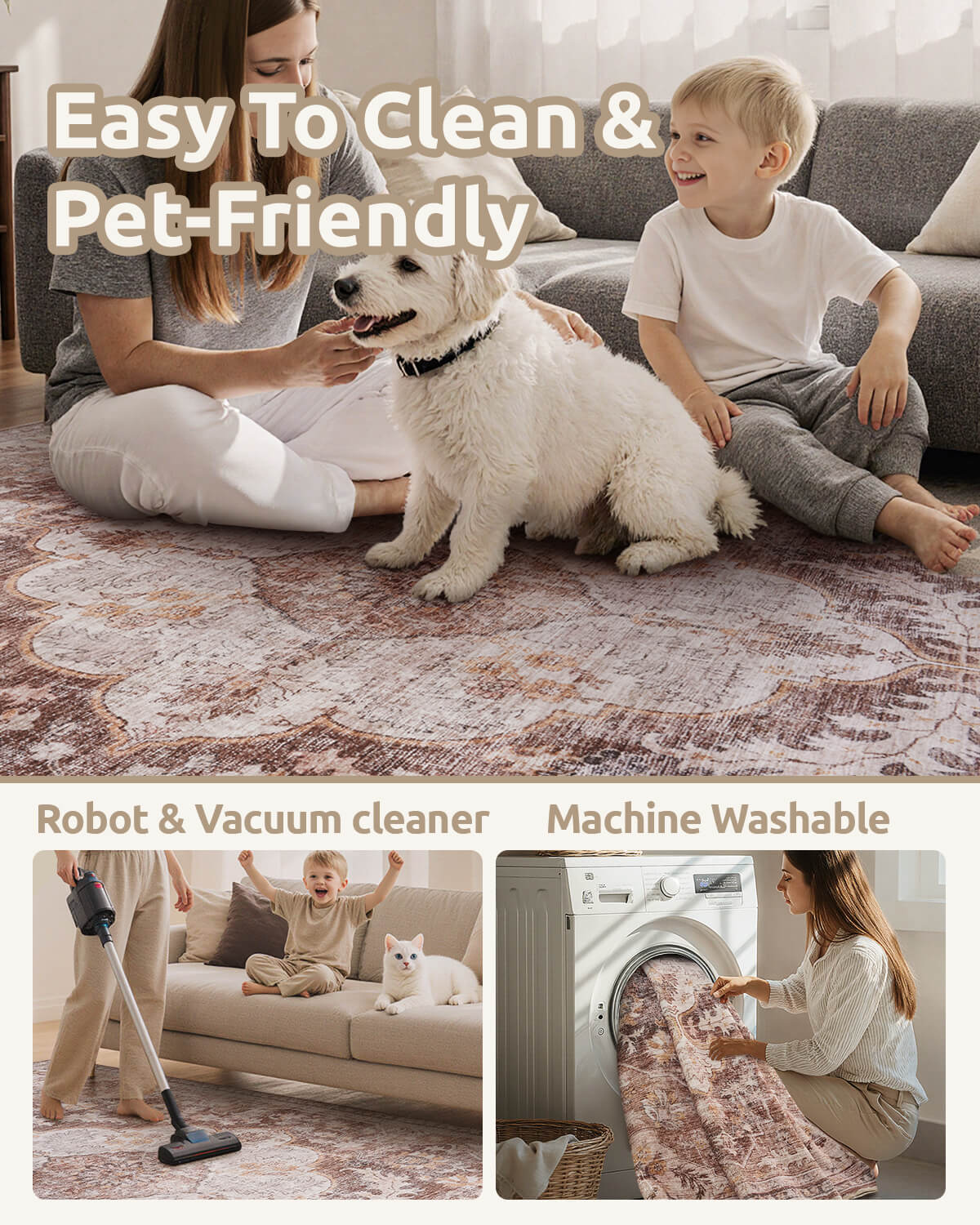 Bohemian vintage area rug with soft underfoot feel, ideal for cozy interiors and busy households
