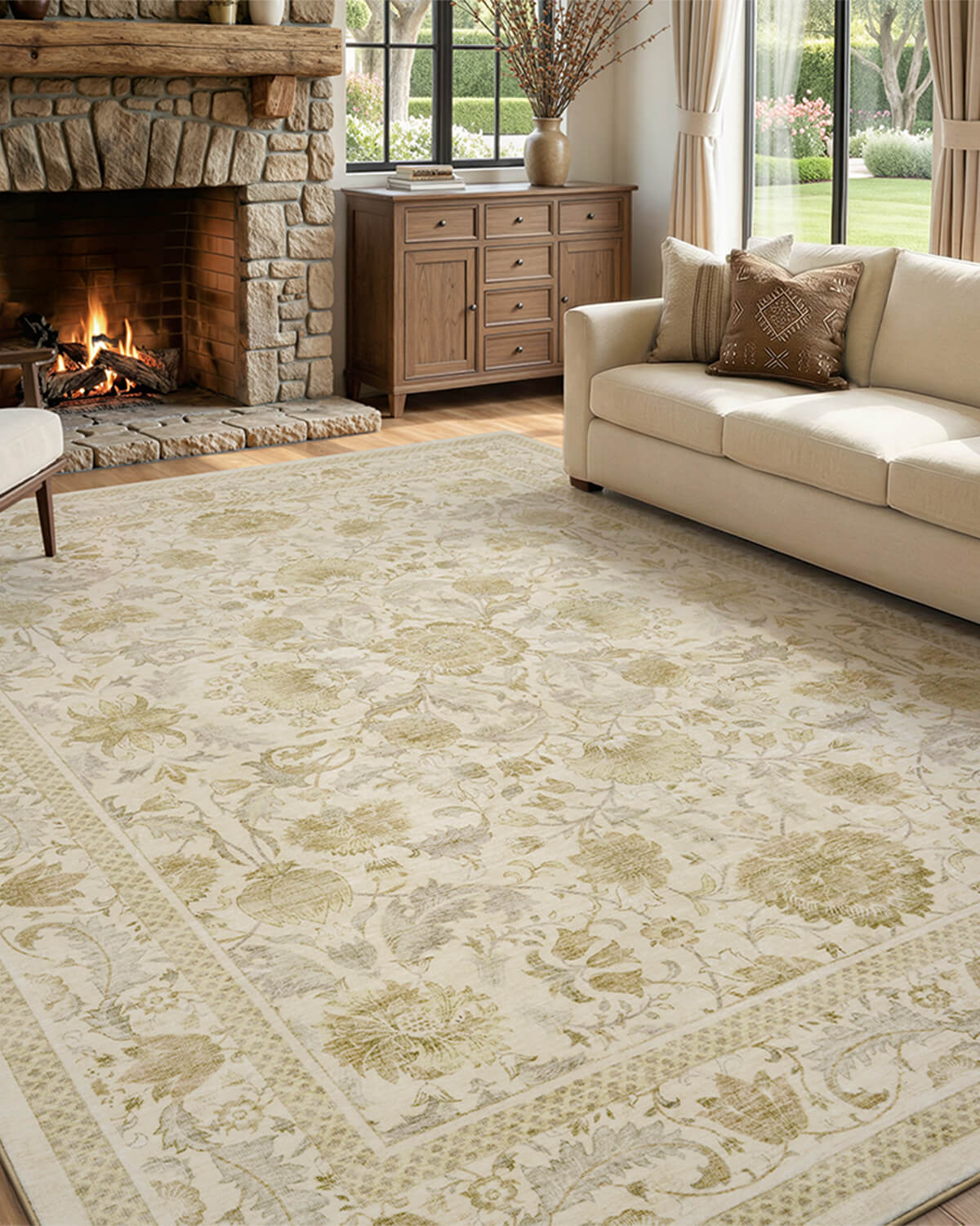 Vintage floral area rug enhancing elegant home decor style