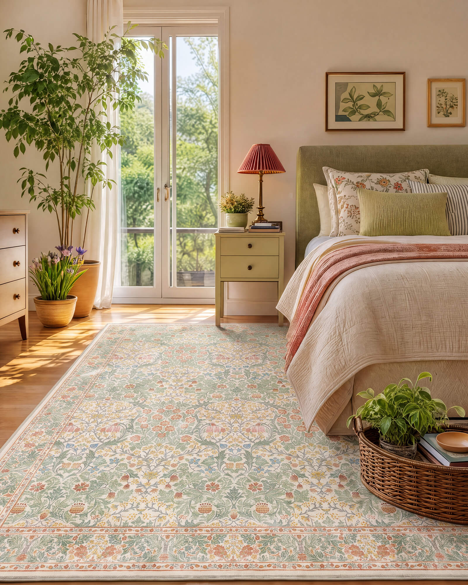 A vintage floral area rug adds soft botanical charm to a cozy bedroom with a green upholstered bed, natural wood furniture, indoor plants, and warm sunlight.