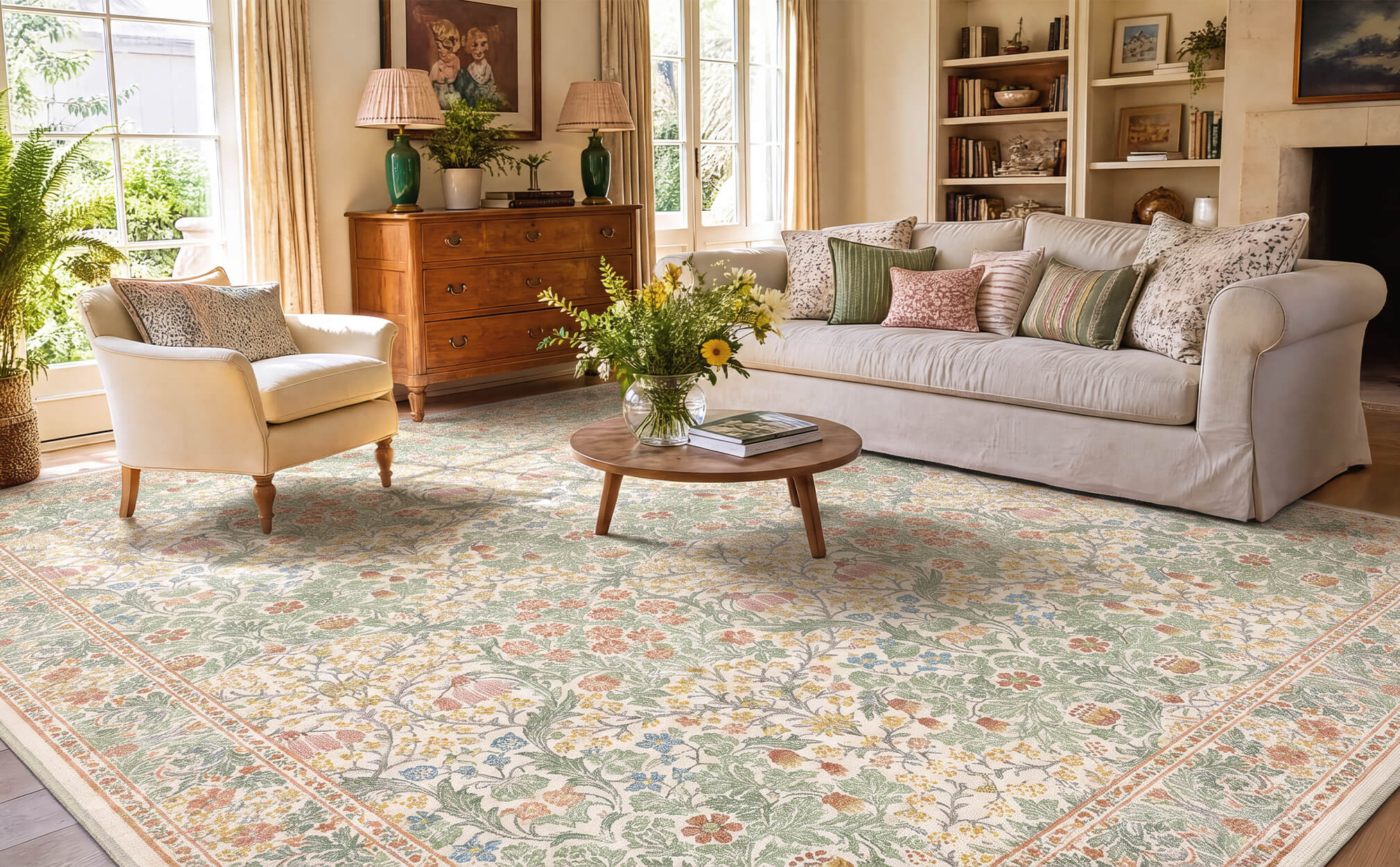 A vintage floral area rug creates a warm and inviting living room atmosphere with a detailed botanical pattern, soft tones, classic furniture, and a cozy traditional home style.