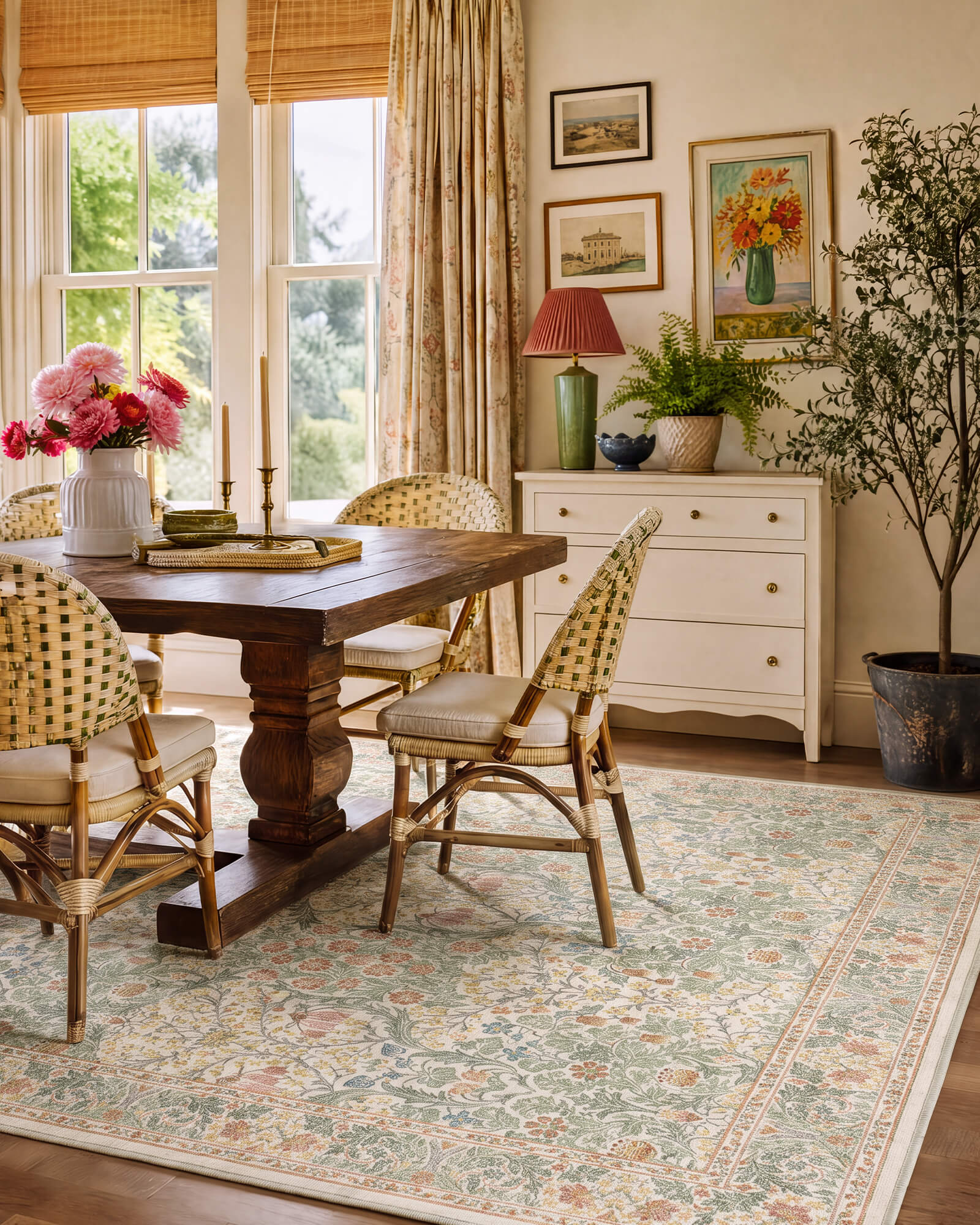 A vintage floral area rug adds timeless elegance to a cozy dining room with a botanical pattern, warm wood table, rattan chairs, and classic cottage-inspired decor.