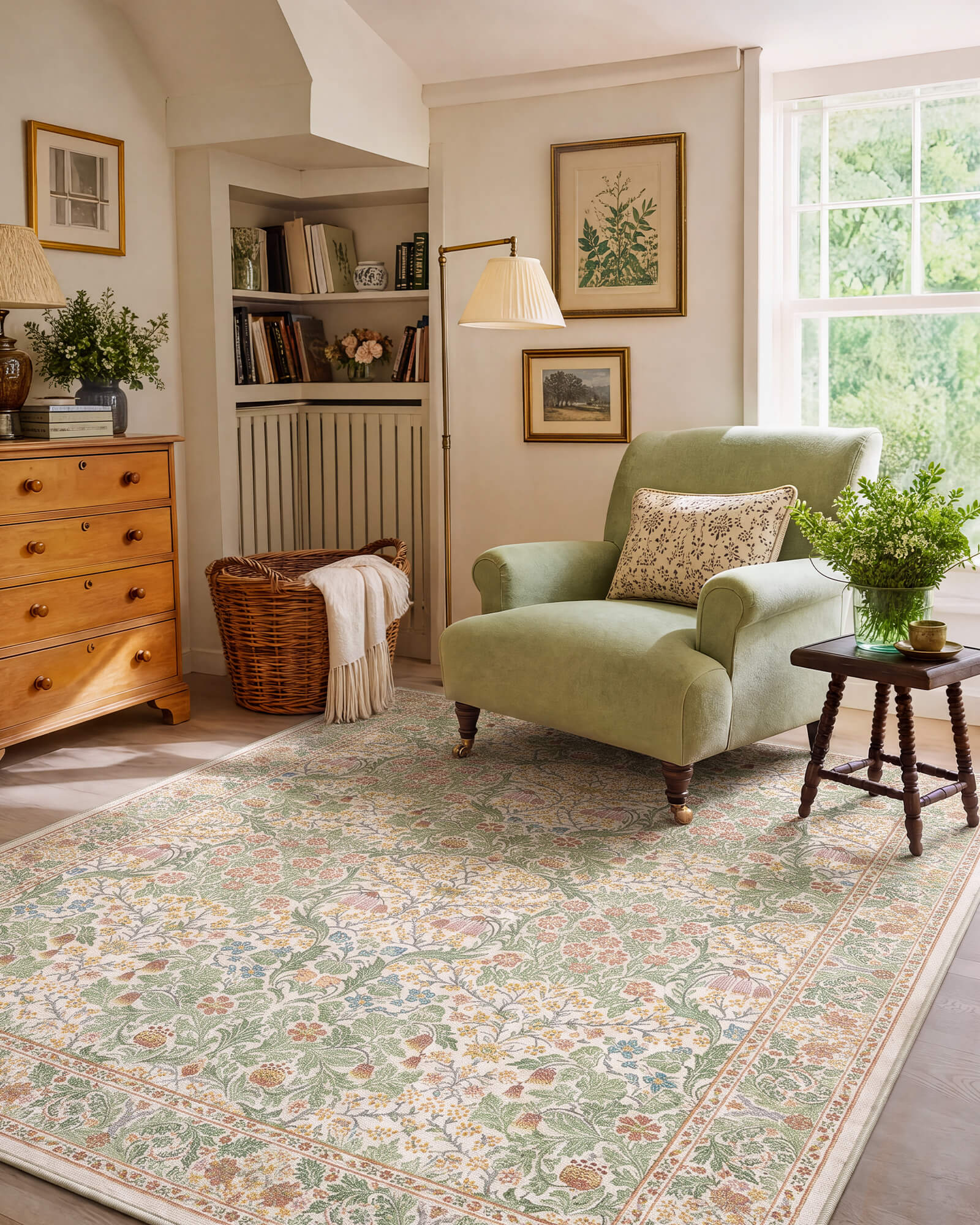 A vintage floral area rug adds timeless charm and soft color to a cozy living room with an accent chair, wooden furniture, botanical artwork, and warm natural light.