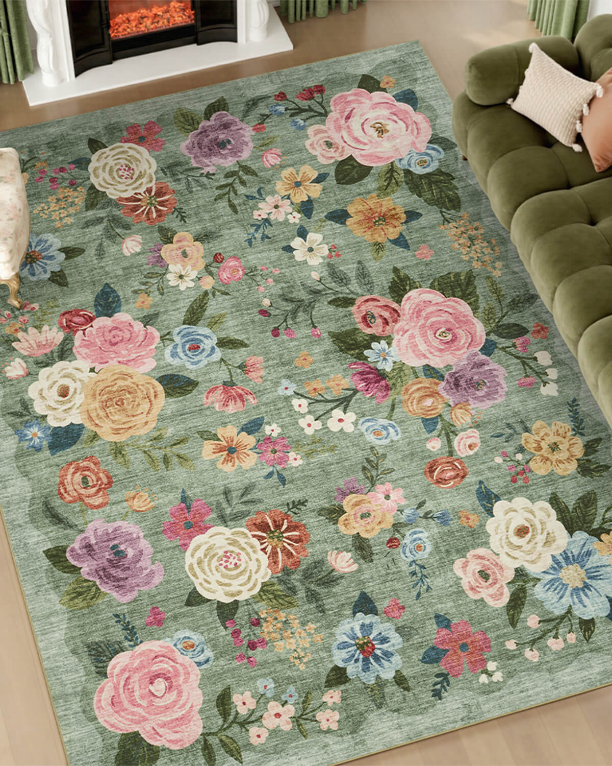 Vintage floral washable area rug blending classic charm with modern home decor
