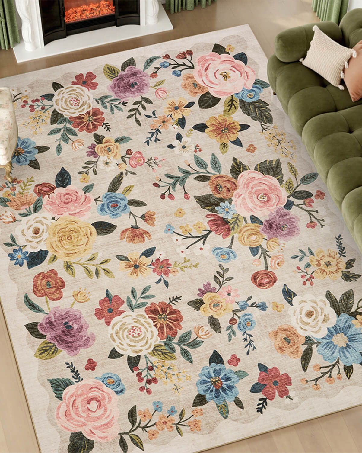 Vintage floral rug with non slip backing and durable design for high traffic areas