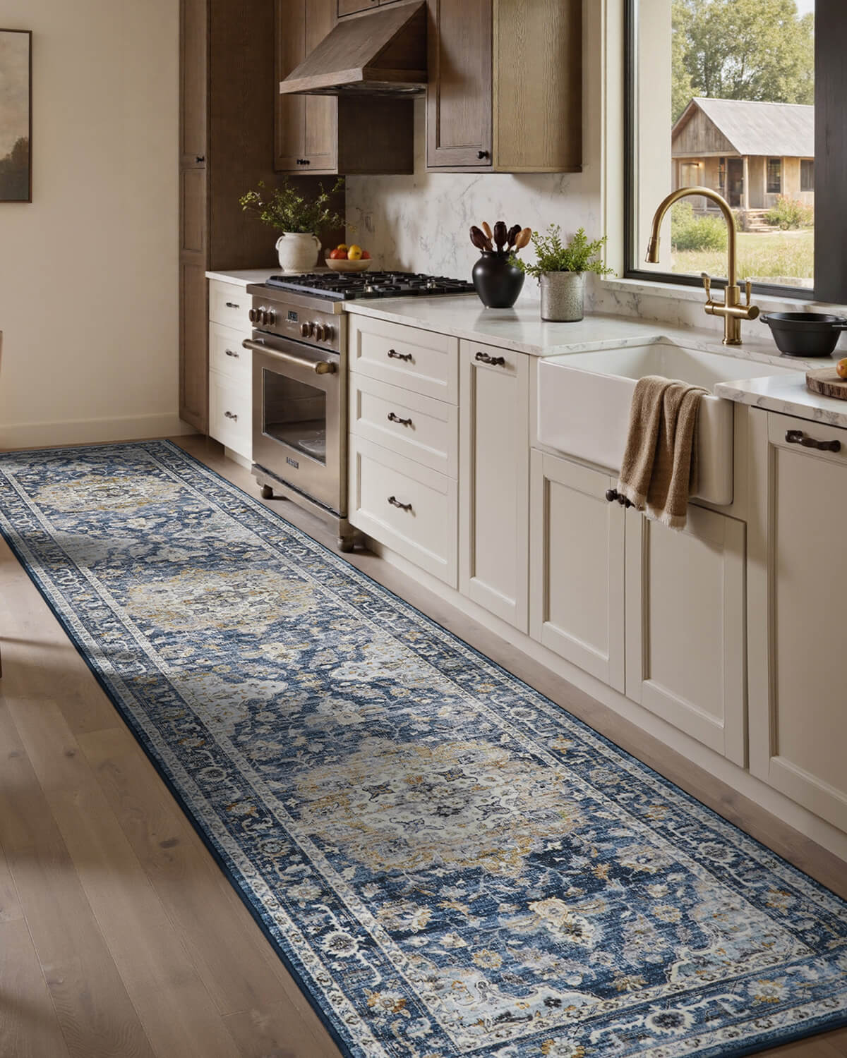 Floral vintage rug supporting timeless layered interior design