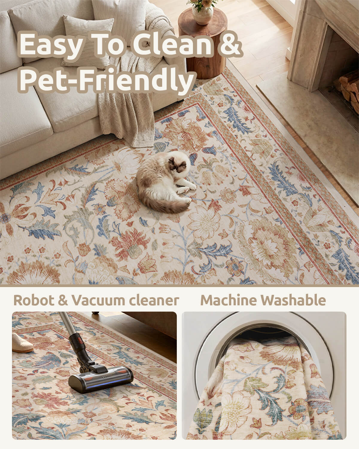 Vintage floral rug with non slip backing and soft feel for bedroom and home decor