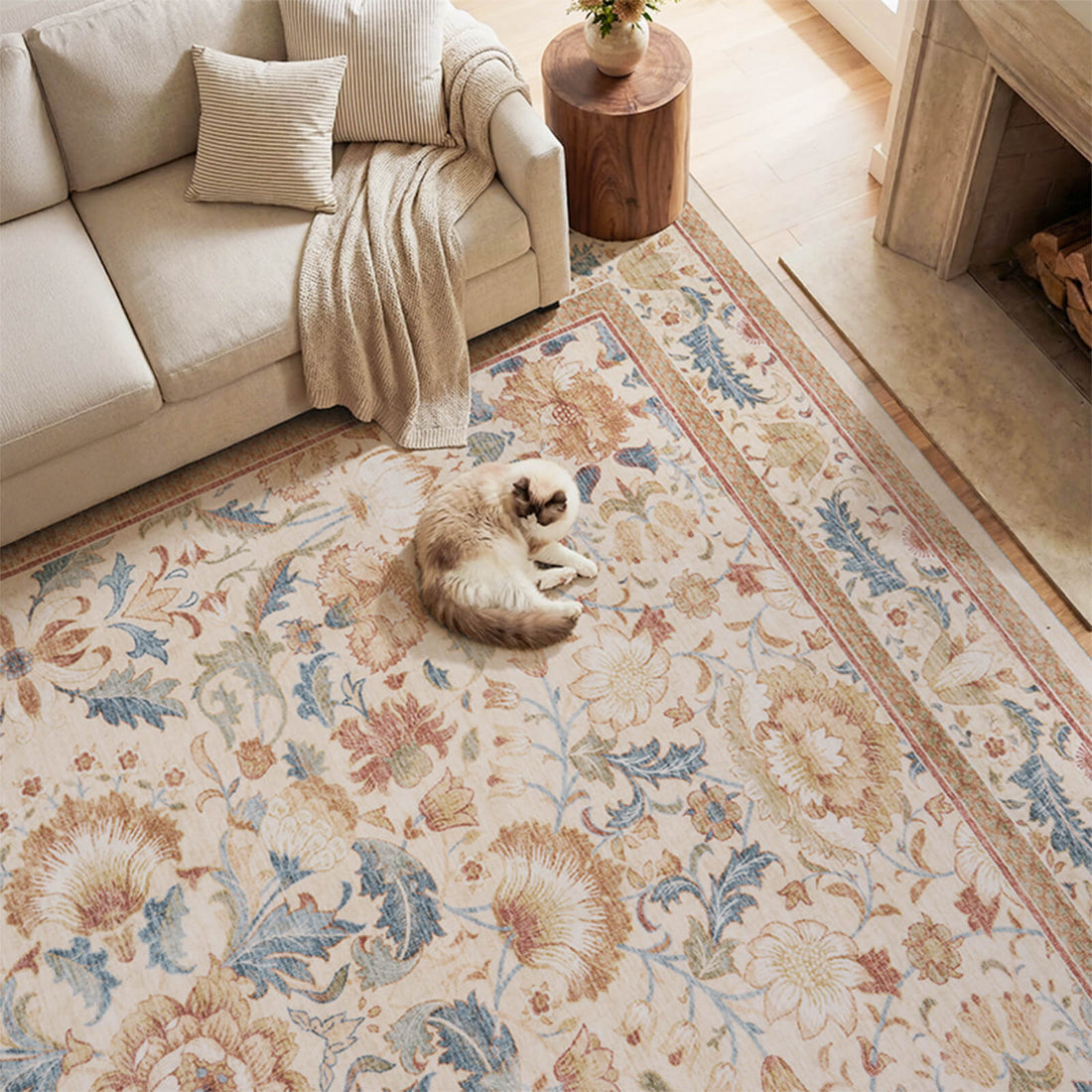 Vintage floral area rug with machine washable design and soft texture for living room comfort