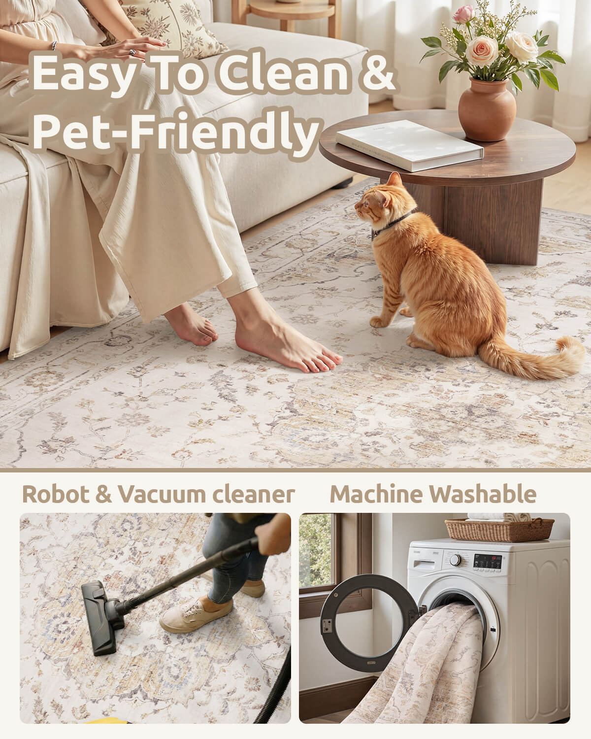 Soft botanical vintage area rug creating a relaxed and layered home atmosphere