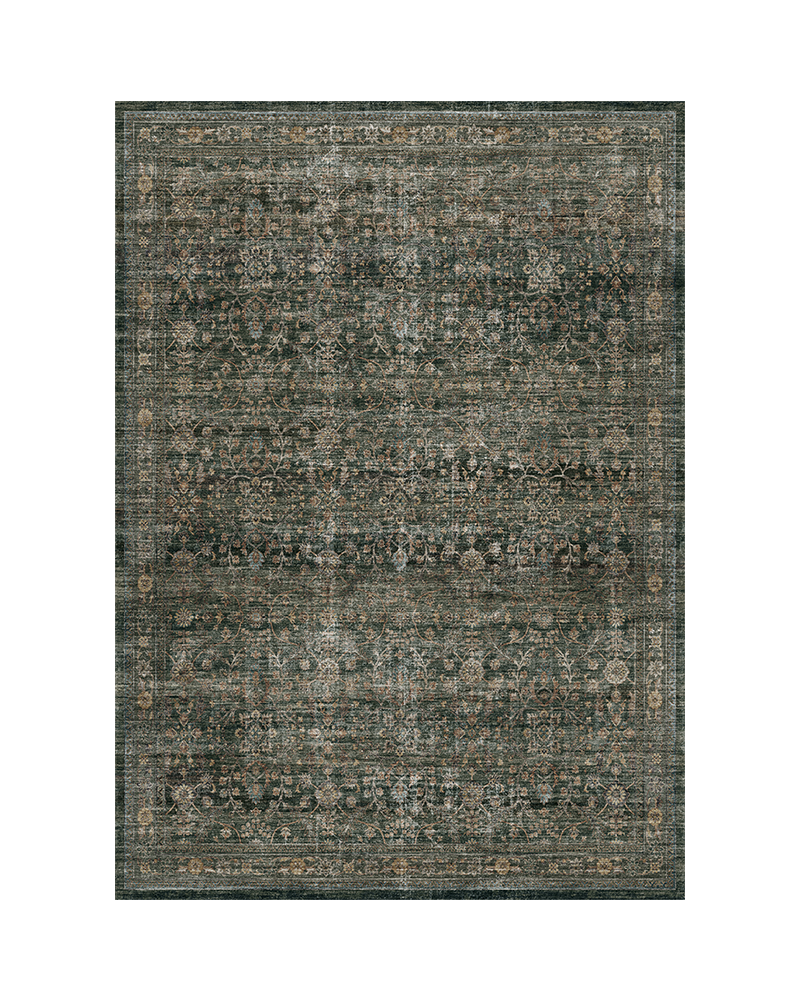Distressed green rug for home, washable and soft for easy upkeep.