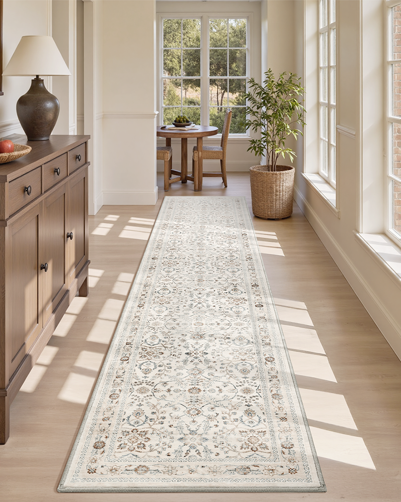 Vintage runner rug designed specifically for high traffic family hallways and daily routines