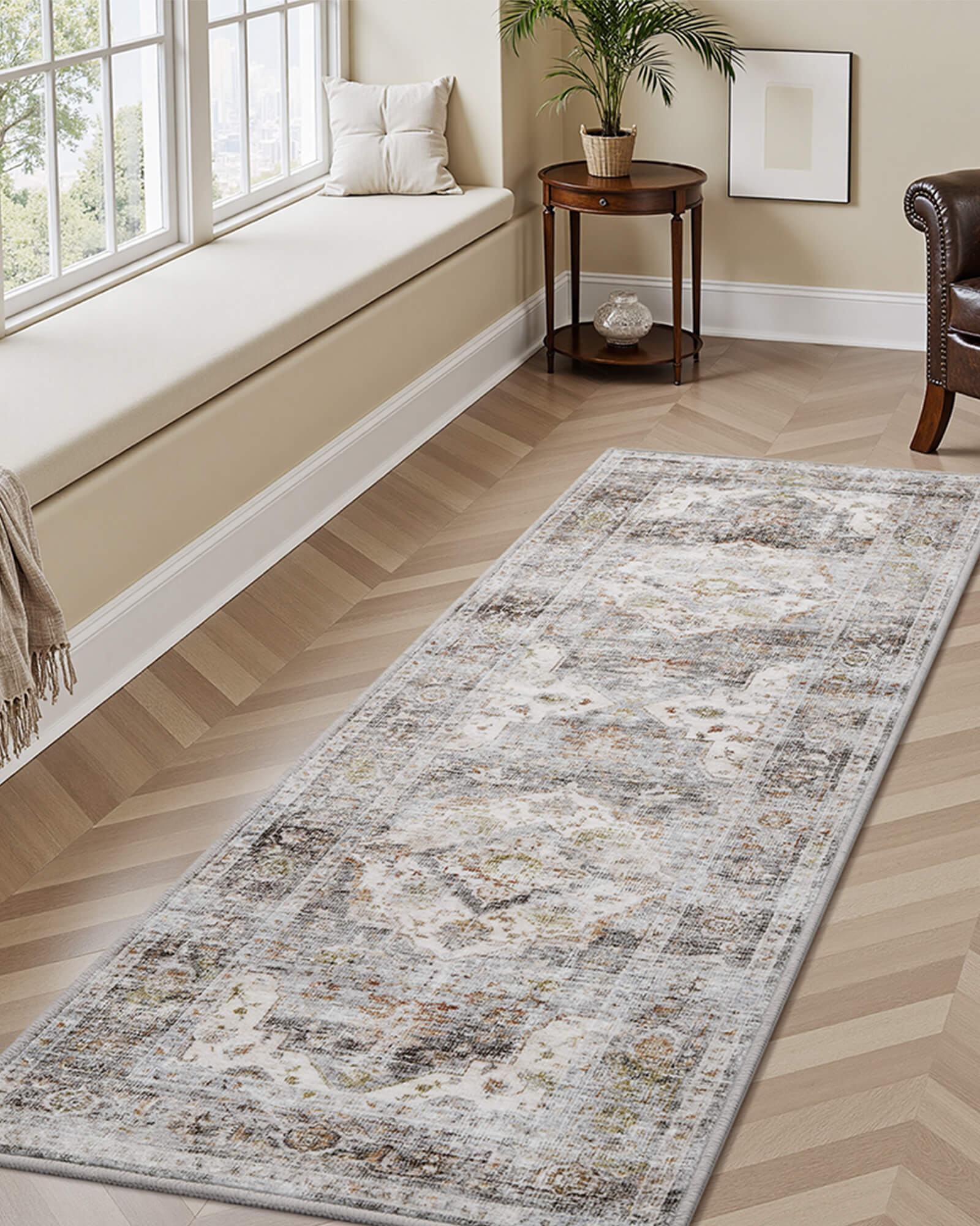 This vintage runner rug adds a soft and welcoming touch to a hallway or narrow space with a washable easy-care surface for everyday home use.