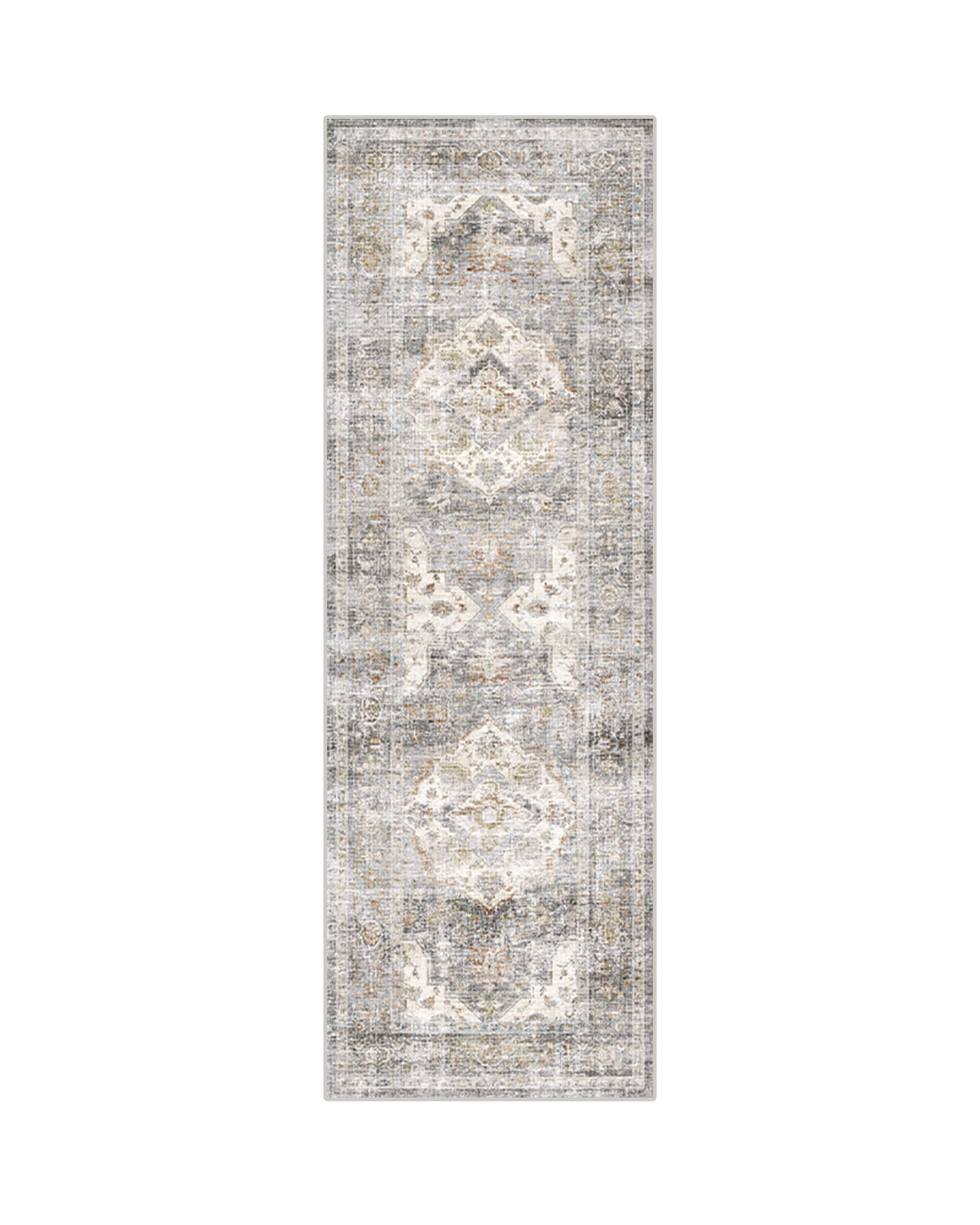 This vintage runner rug features a softly distressed medallion pattern and a washable easy-care design that adds warmth and function to hallways and narrow home spaces.