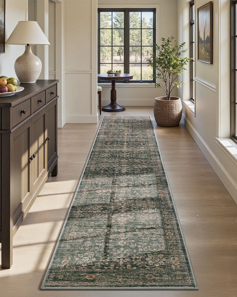 Vintage runner rug with a thin, flexible design ideal for active homes and shared pathways
