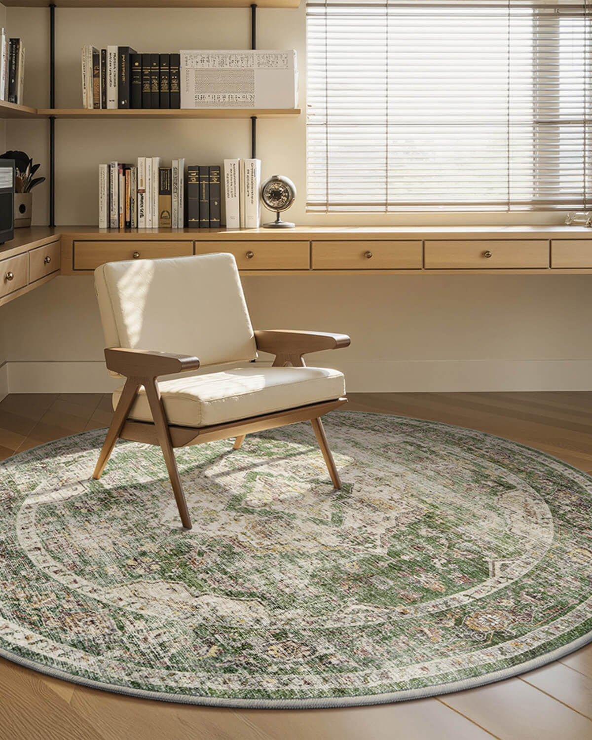 Vintage washable area rug offering easy care maintenance and decorative style