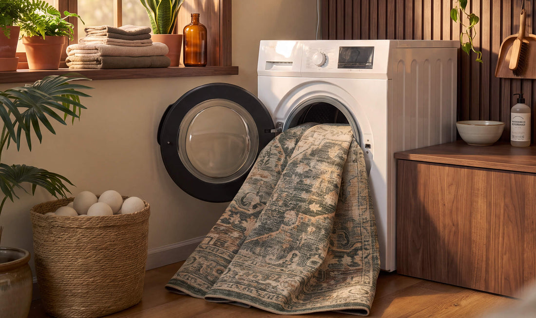 A vintage washable area rug with a distressed Persian-inspired floral pattern is shown being placed into a front-loading washing machine, highlighting its machine-washable design and easy-care convenience for busy family homes, cozy living rooms, and bedrooms.