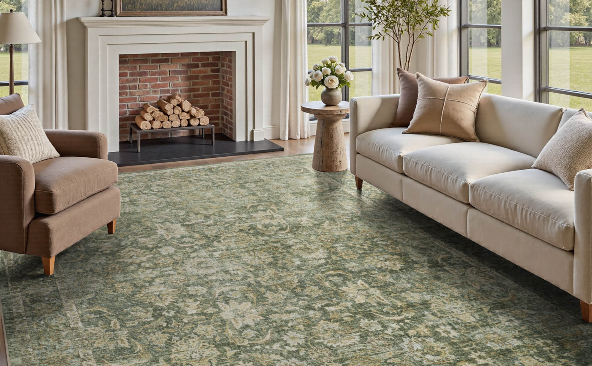 Vintage Floral Area Rug Washable Soft Non Slip Rug for Living Room