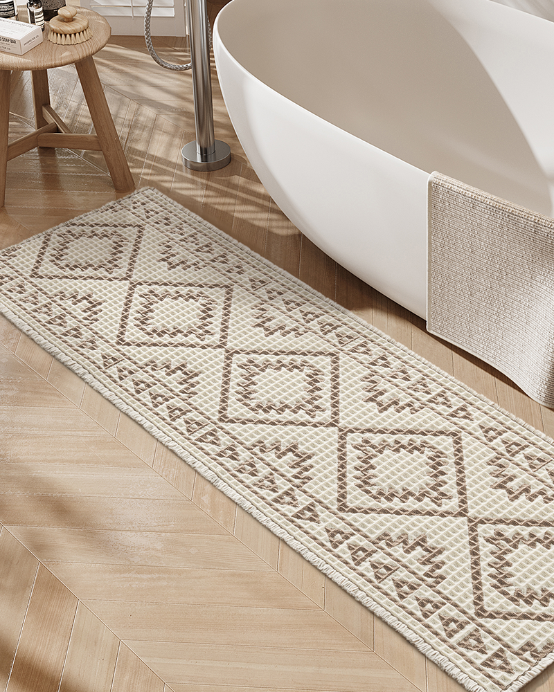 Waffle bath mat that helps keep bathroom floors dry and fresh