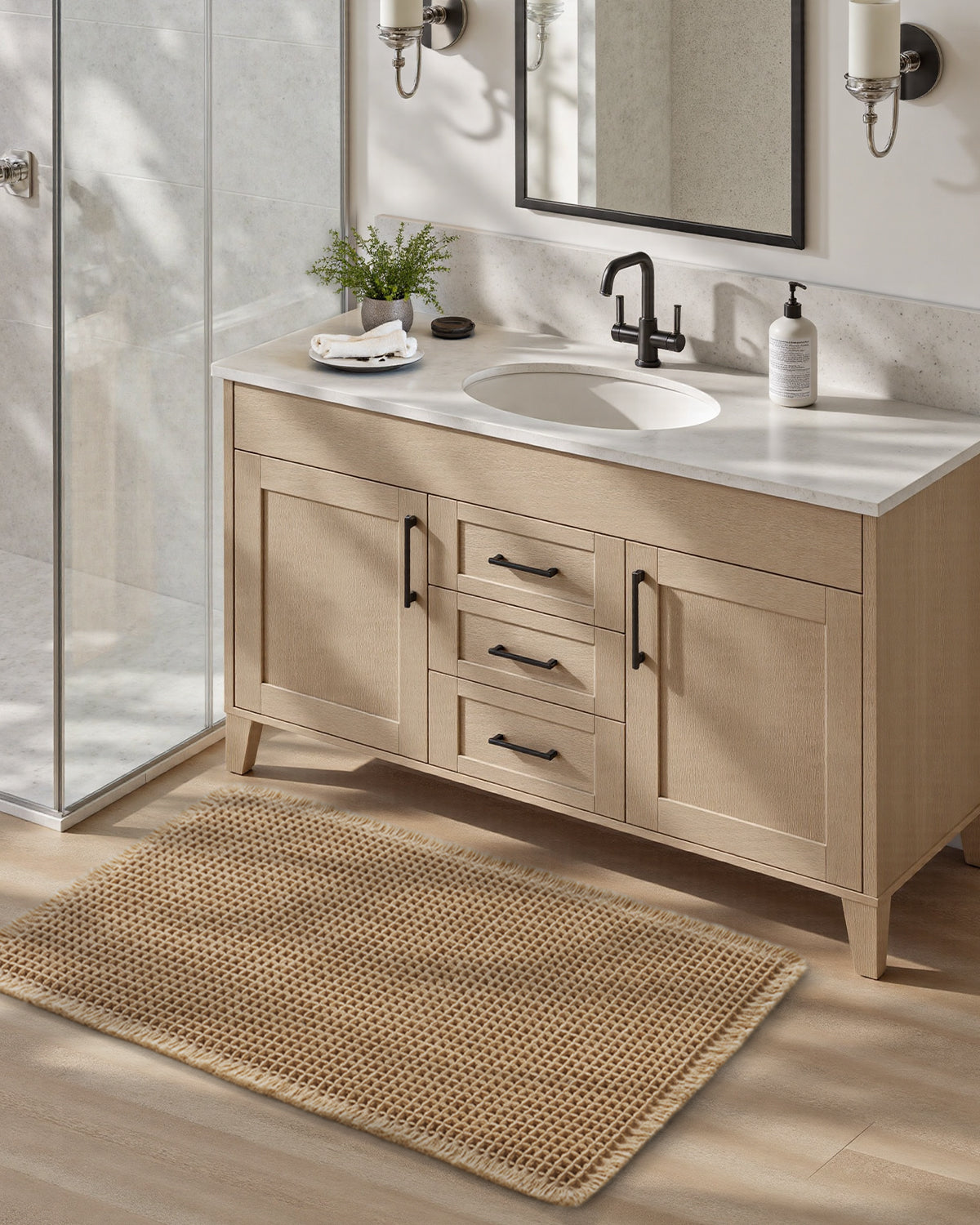 Waffle bath mat with non slip backing for added safety in bathroom environments