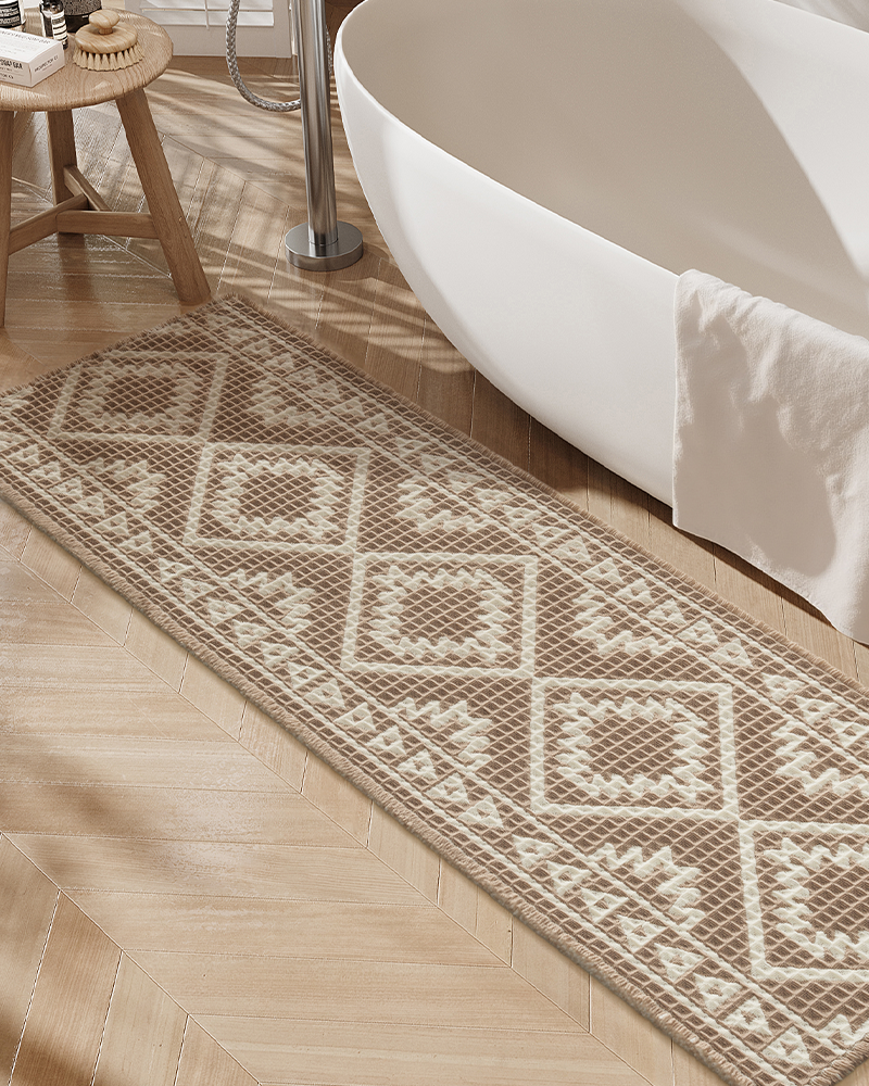 Machine washable waffle bath rug, soft, absorbent, and safe for children and seniors.