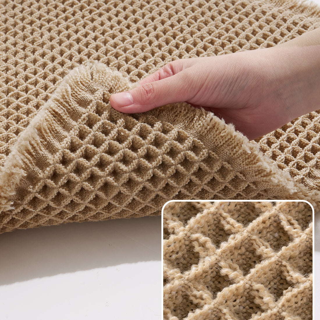 Waffle bathroom mat combining absorbent performance with decorative design and non slip safety