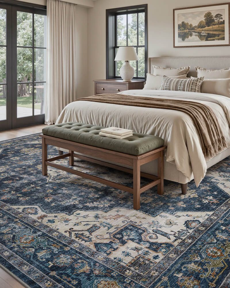 Soft neutral blue area rug for living room, elegant and timeless.