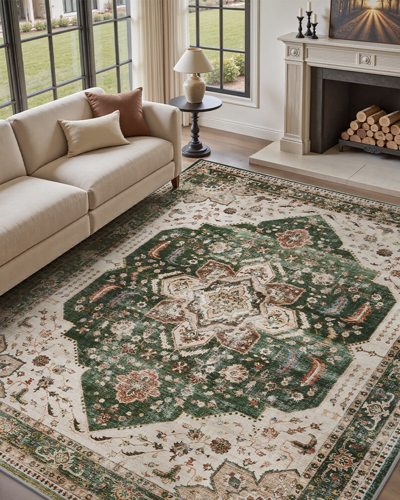 Washable boho area rug with a soft textured finish and practical design, non-slip rug for extra safety.