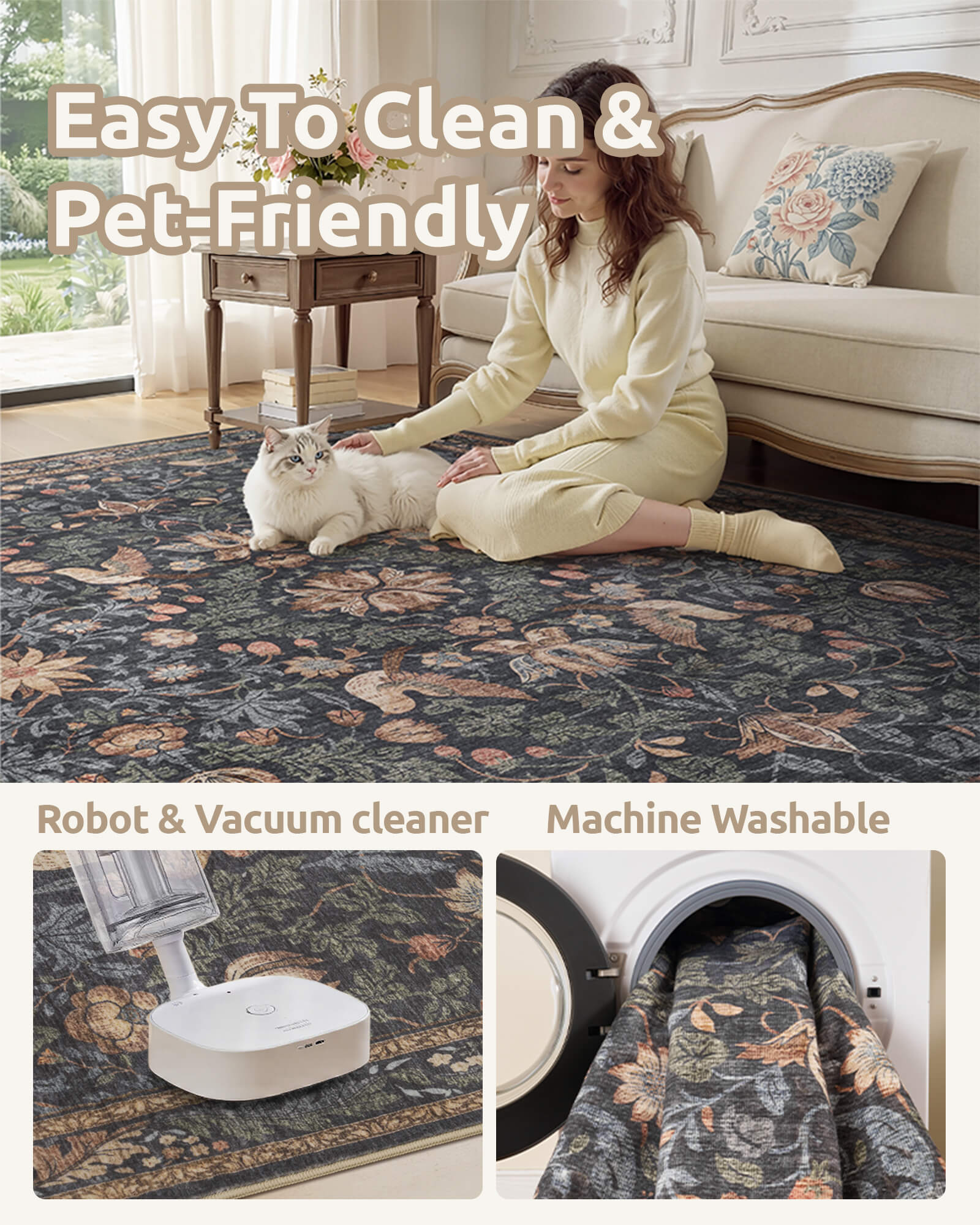 Washable floral area rug designed for pet friendly homes with easy care