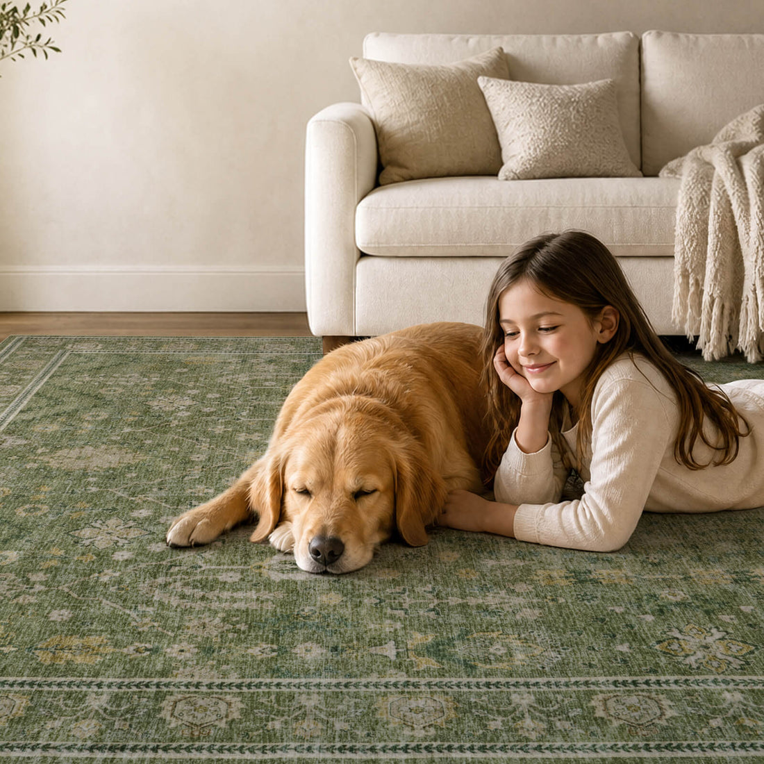 A washable green vintage floral area rug with a soft low-pile texture creates a cozy kid and pet friendly space for everyday living, playtime, and relaxing with pets.