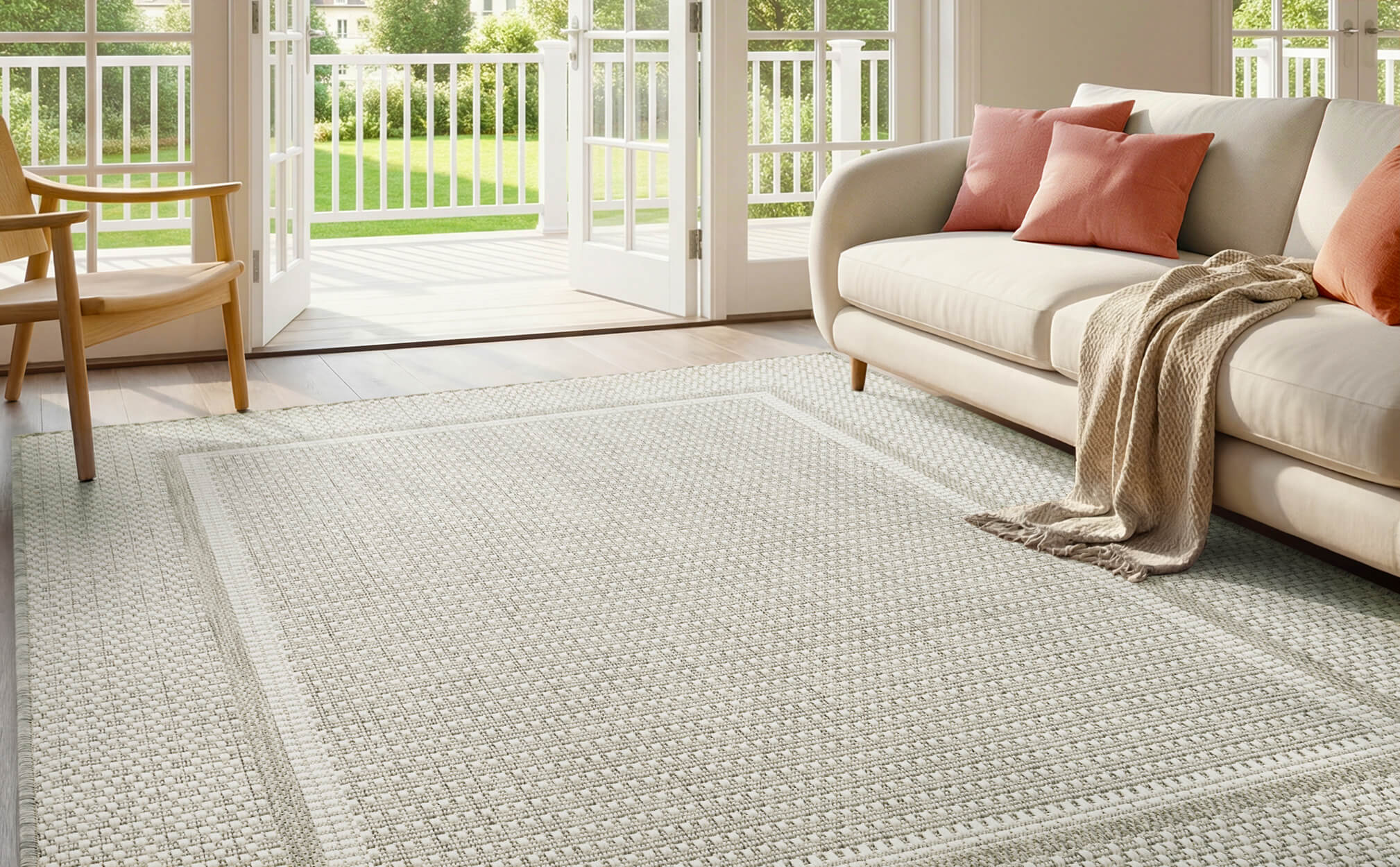 Textured indoor outdoor rug enhancing modern outdoor decor