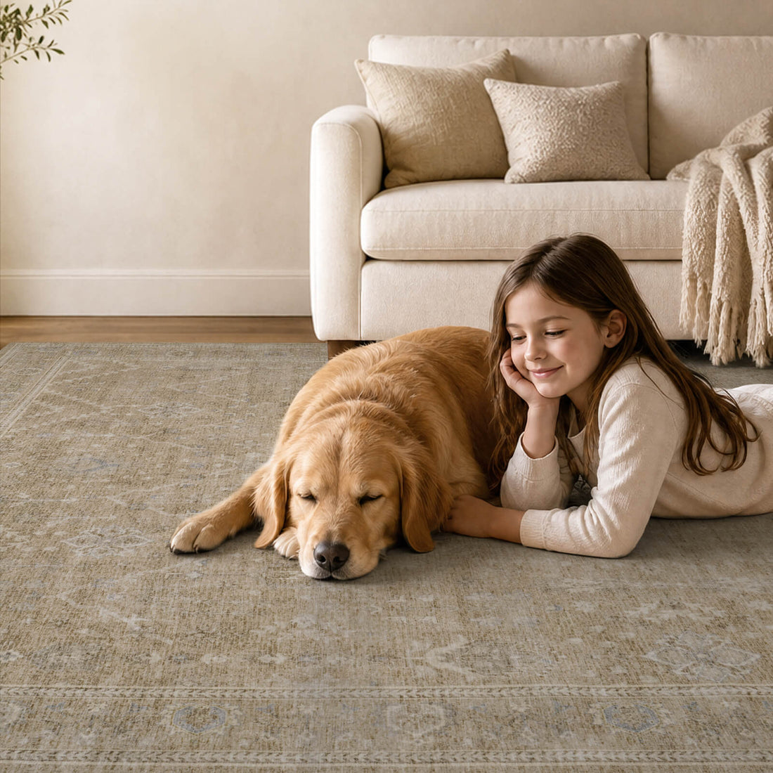 A washable neutral vintage floral area rug with a soft low-pile texture creates a cozy kid and pet friendly space for everyday play, relaxing with pets, and warm family living room decor.