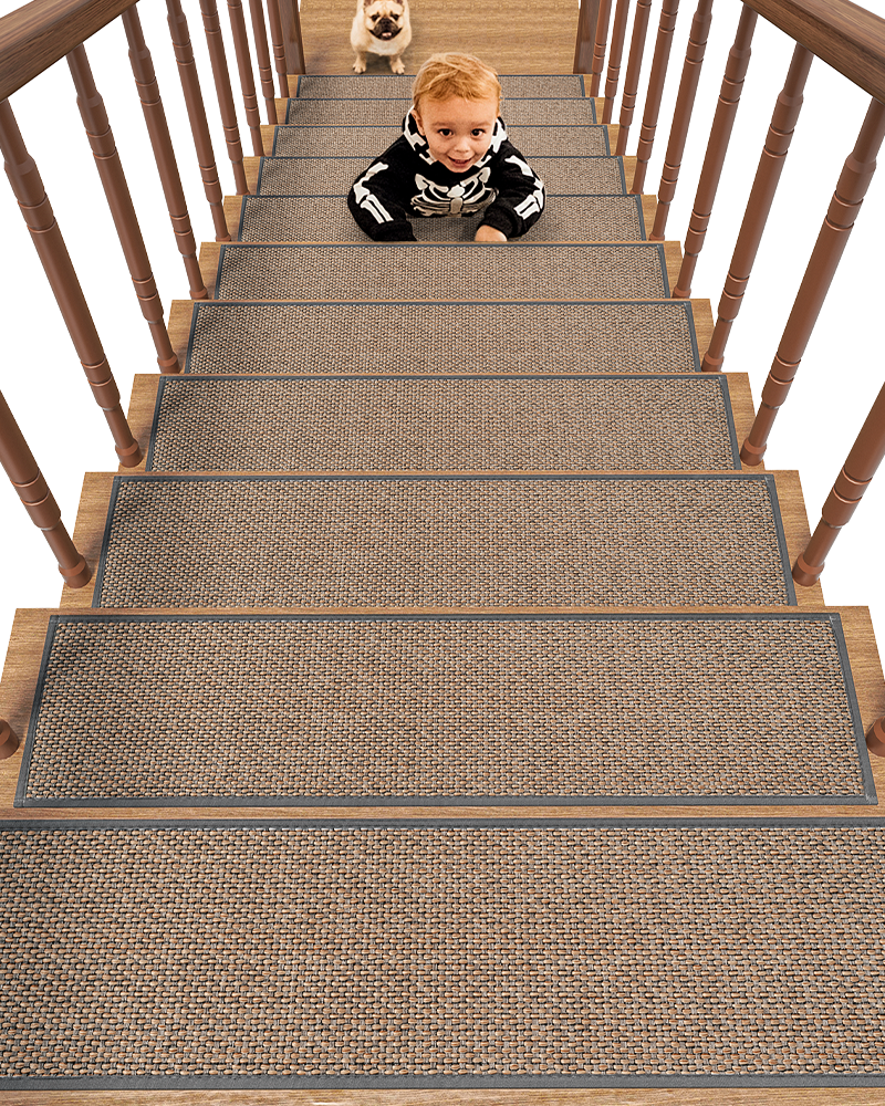 Soft linen-edged rubber stair treads with non-slip backing for wooden stairs.