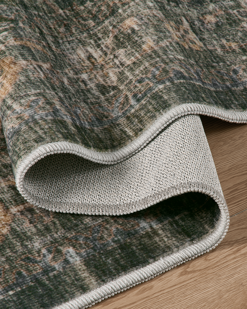 Quality finish detail of washable vintage area rug, safe rug for home with pets and kids.