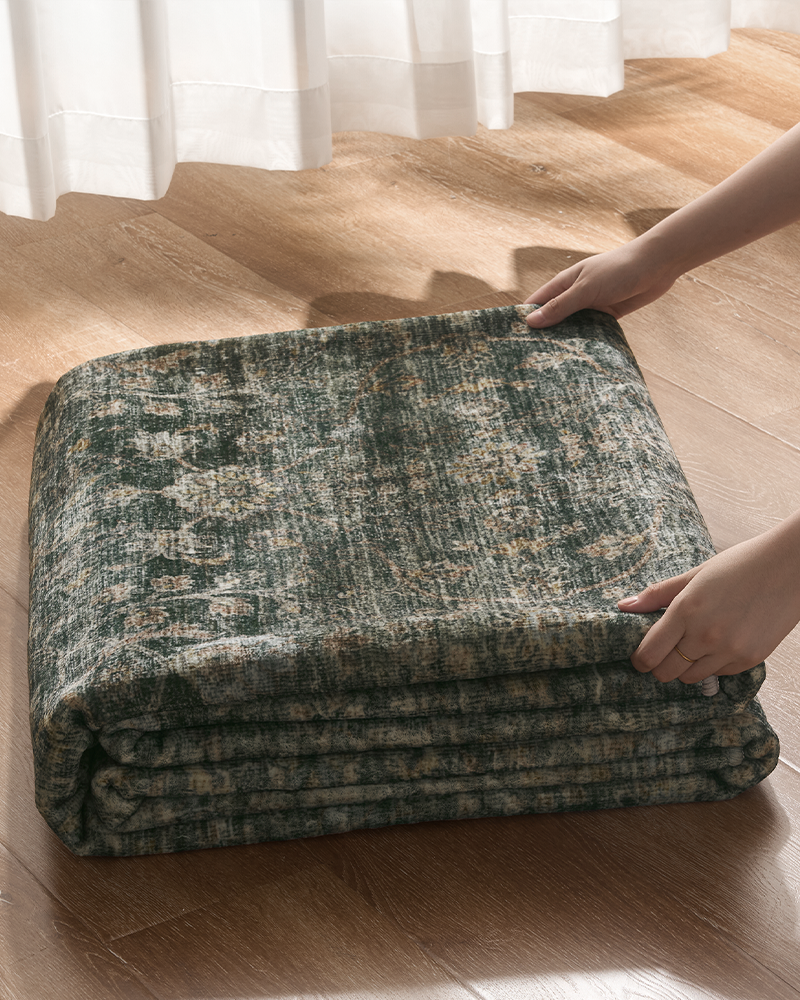 Surface pattern and texture detail of vintage area rug adding aesthetic appeal