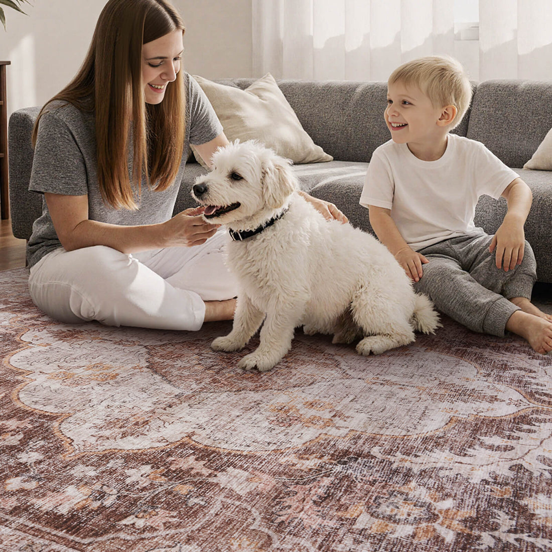 Boho vintage washable area rug designed for living rooms, combining timeless charm with easy care and family friendly durability
